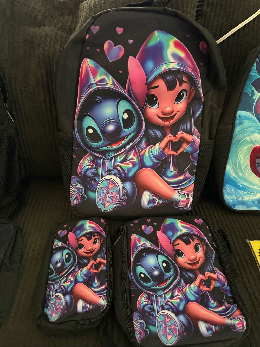 Kids Three-Piece Backpack Lilo andSet with Rainbow Holographic Characters -